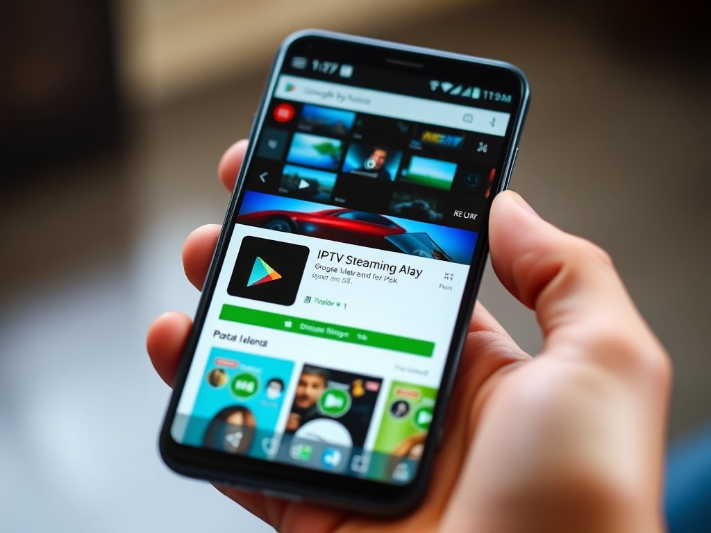 Android smartphone displaying Google Play Store page for IPTV Smarters Pro download