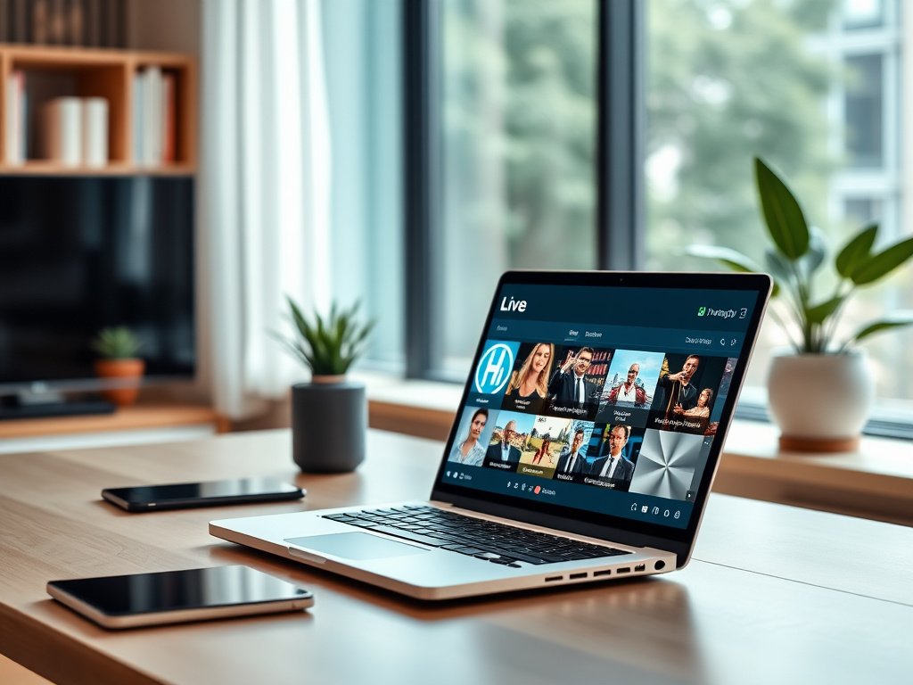 Desktop computer setup displaying IPTV Smarters Pro for PC streaming live television content