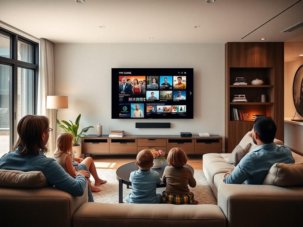 Family watching television using IPTV Smarters Pro on a modern living room setup