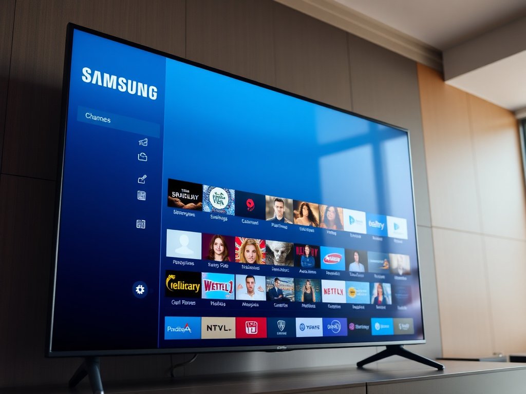 Samsung Smart TV displaying IPTV Smarters Pro interface with channel grid