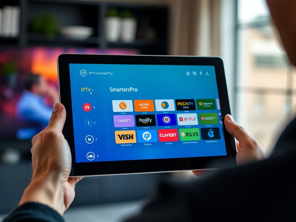 User navigating through IPTV Smarters Pro TV menu on tablet device