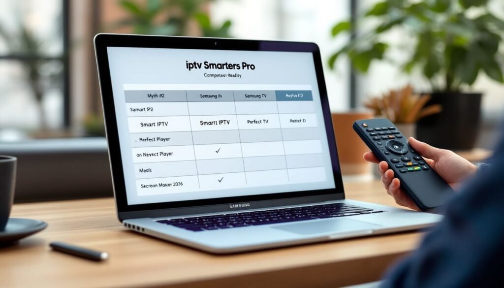 Comparison table on a laptop screen highlighting iptv smarters pro samsung tv versus other apps