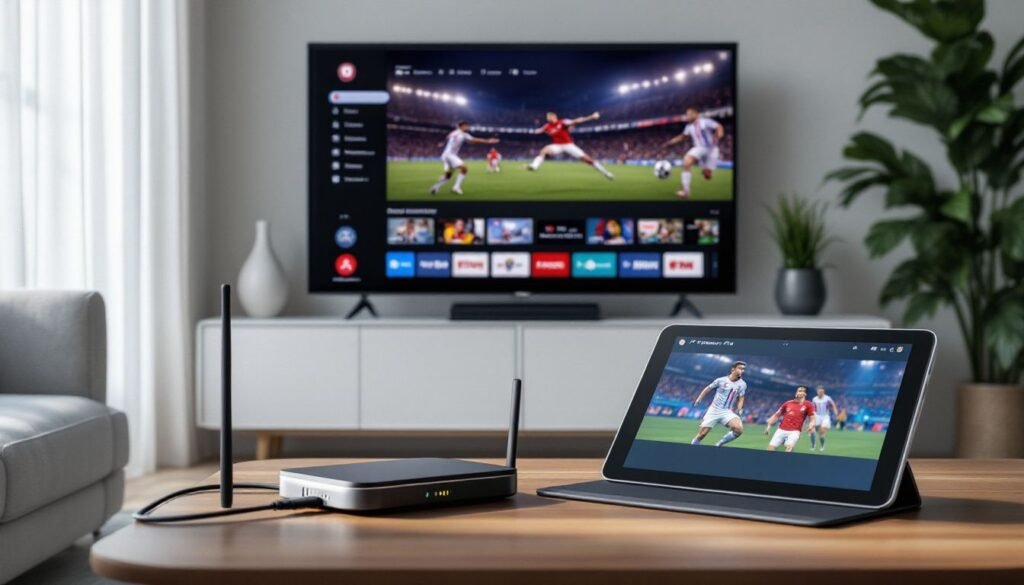 iptv smarters pro download — Diagram of a home network with router, Ethernet cable, and device running iptv smarters pro