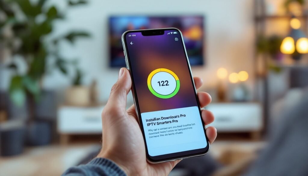 iptv smarters pro download — Mobile phone displaying iptv smarters pro app installation progress bar