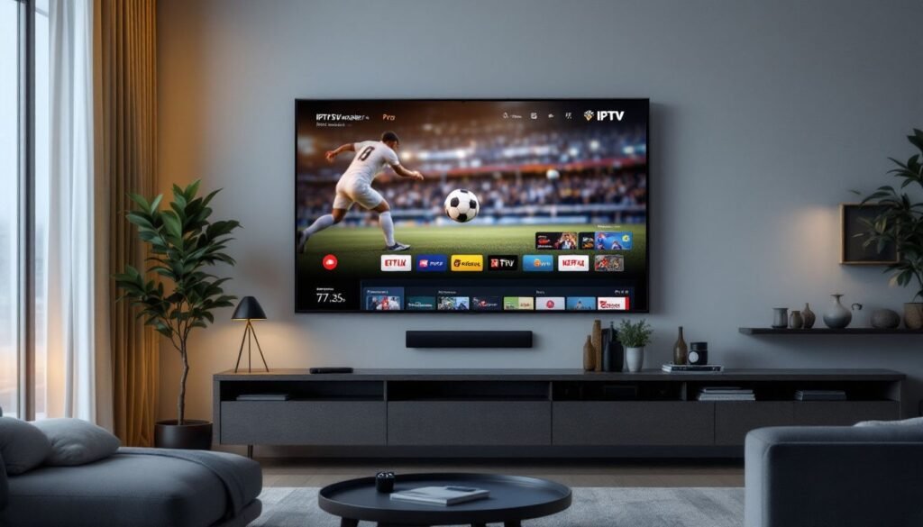 iptv smarters pro download — Smart TV screen with iptv smarters pro interface playing a live channel
