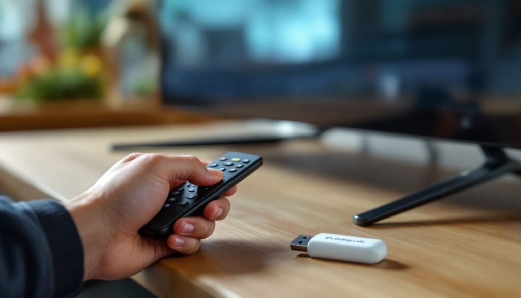iptv smarters pro samsung tv — Samsung TV remote beside a USB stick showing the iptv smarters pro apk file name